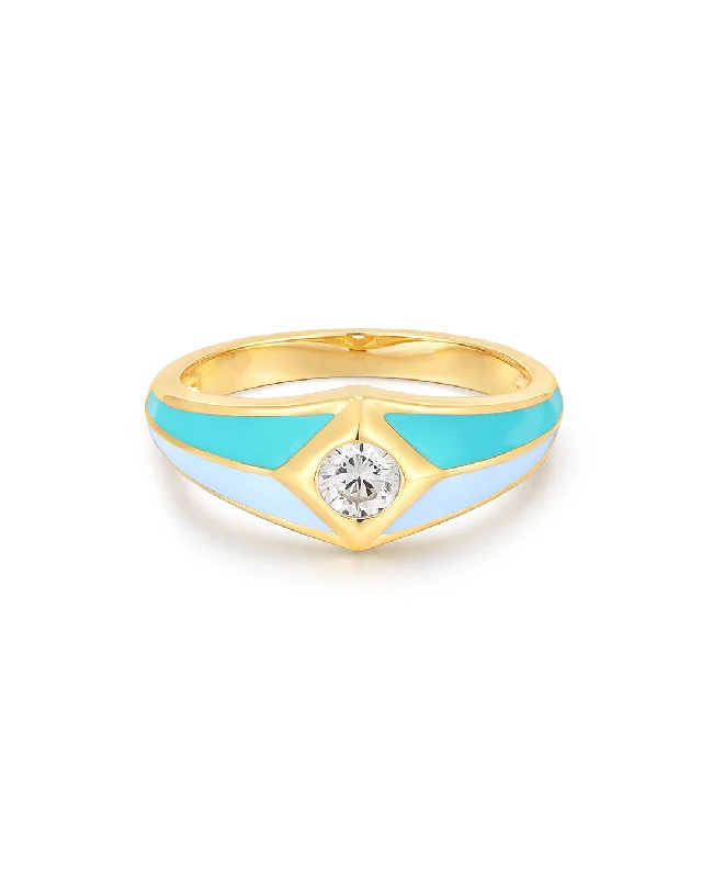 Women’s band rings-Pyramid Stud Signet Ring- Blue- Gold