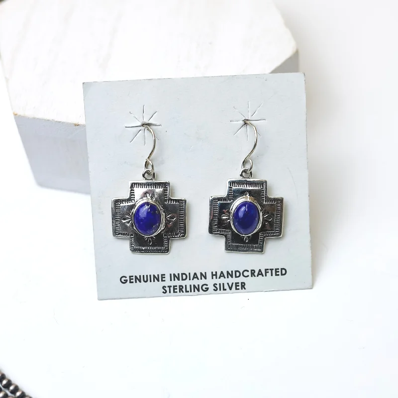 Women’s stainless steel earrings-Shirley Henry | Navajo Handmade Small Sterling Silver Cross Earrings with Lapis Stones