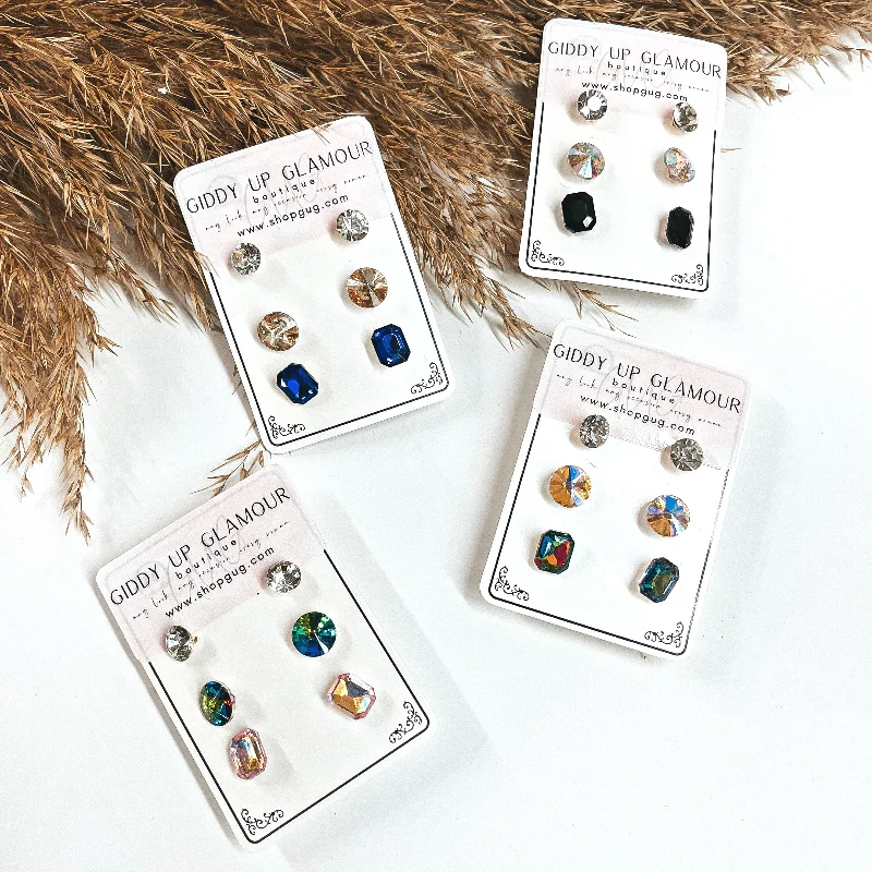 Women’s moon and star earrings-Buy 3 for $10 | Pack of Three | Faux Crystal Stud Earrings in Rectangles