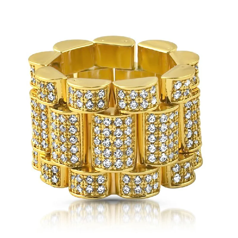 Women’s fashion rings-.925 Silver Presidential Link Gold CZ Bling Bling Ring