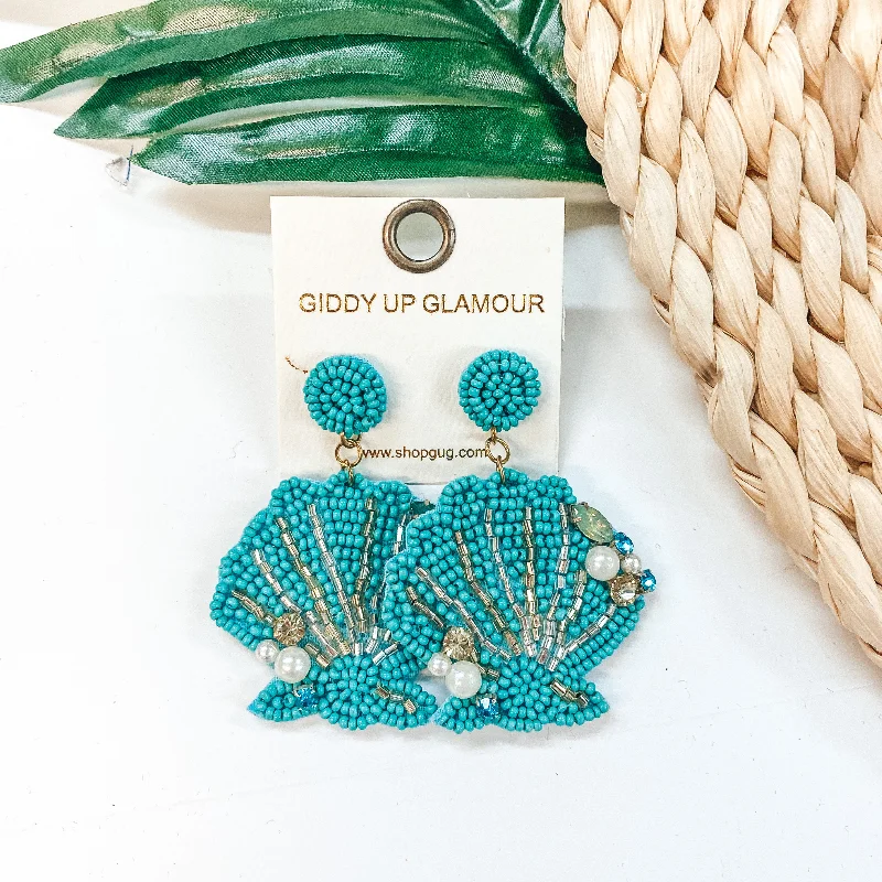 Women’s trendy earrings-Sea You Later Seed Bead Sea Shell Earrings with Pearls in Turquoise