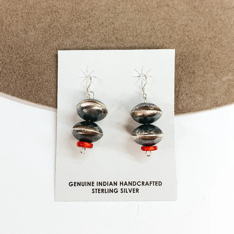 Women’s initial earrings-Navajo | Navajo Handmade Sterling Silver Saucer Navajo Pearl Drop Earrings with Red Coral Stones