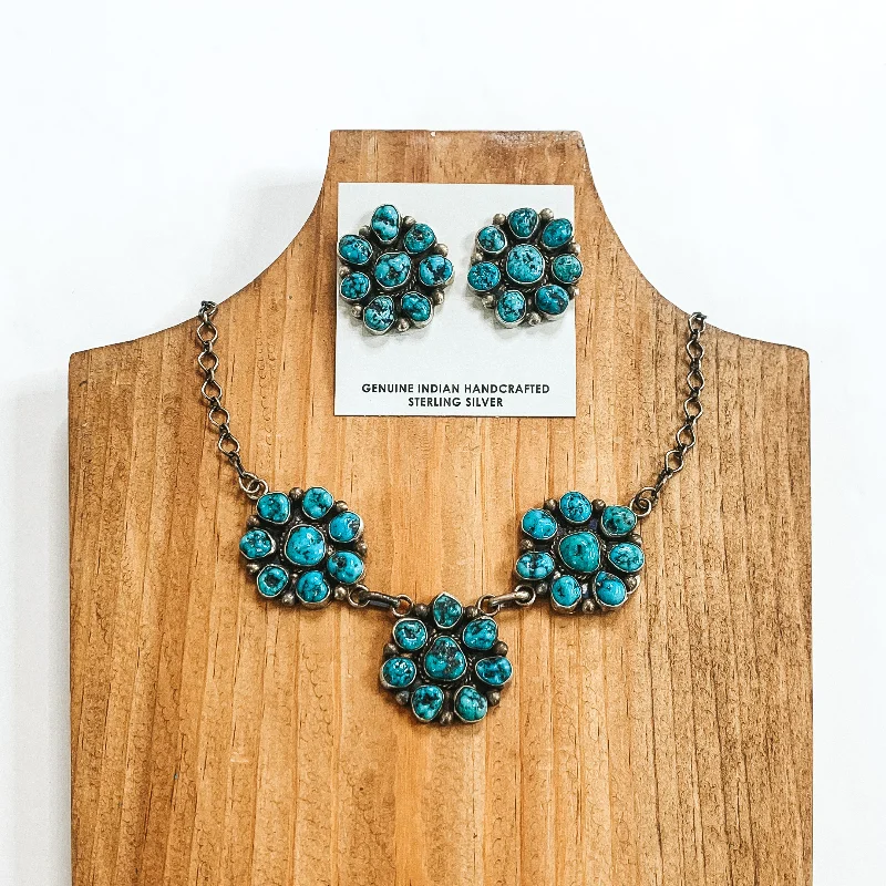 Women’s elegant dangle earrings-Kathleen Chavez | Navajo Handmade Sterling Silver & Kingman Turquoise Stone Flower Cluster Necklace + Matching Earrings