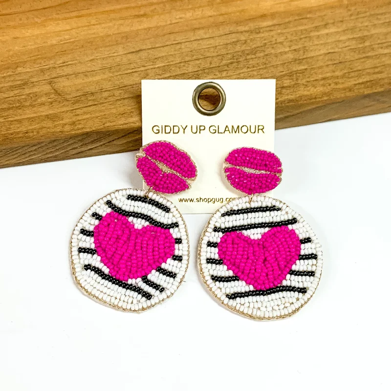 Women’s cubic zirconia stud earrings-Beaded Lip Post Back Earrings with Circle Drop and Heart in Fuchsia Pink