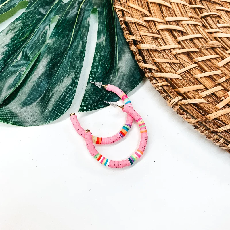 Women’s statement earrings-Rubber Bead Hoop Earrings in Pink