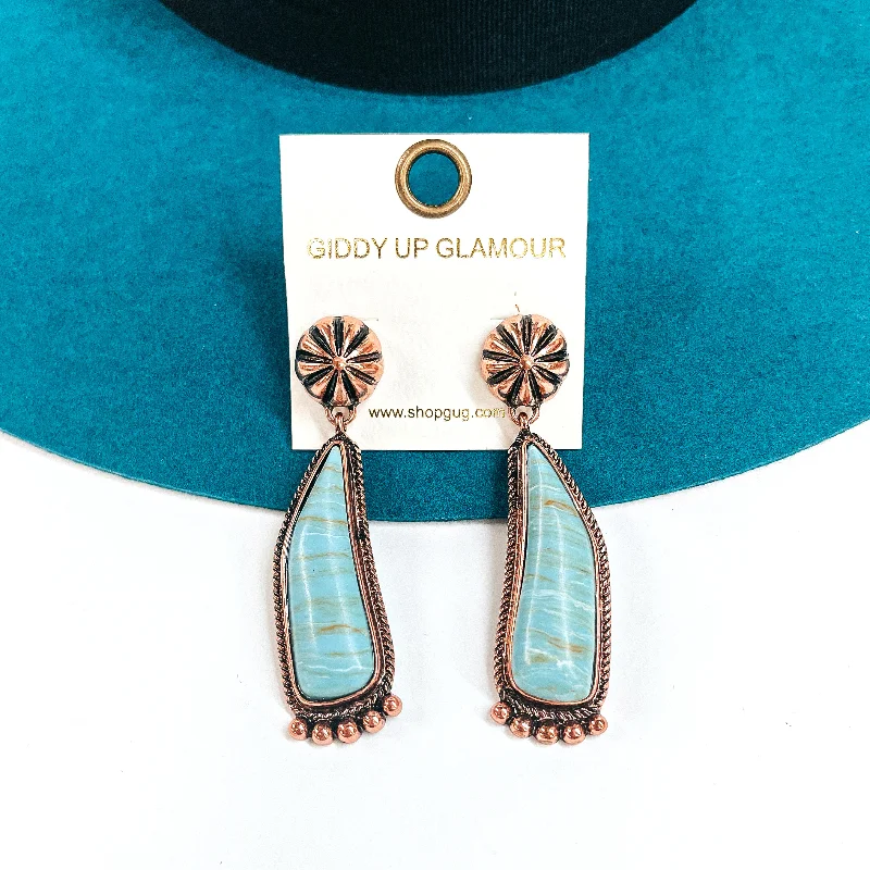 Women’s fashion earrings-Music City Agate Stone Drop Earrings with Copper Tone Conch Post in Turquoise