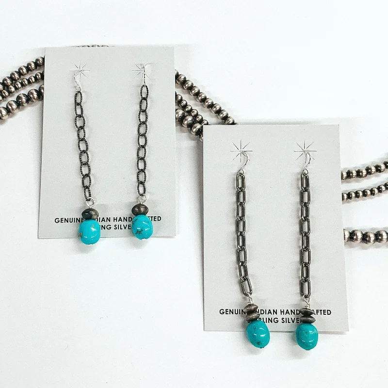 Women’s diamond earrings-Mason Lee | Navajo Handmade Sterling Silver Chain Drop Earrings with Navajo Pearl Charm and Turquoise Stone