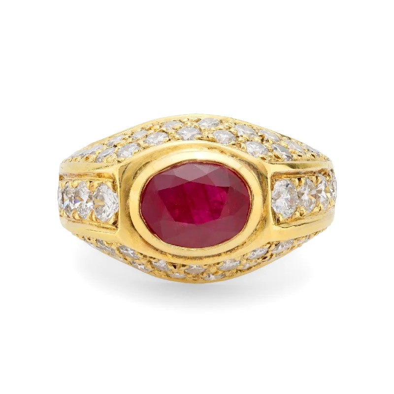 Women’s wedding rings-Women’s gold engagement ring-Vintage ruby diamond 18k yellow gold ring