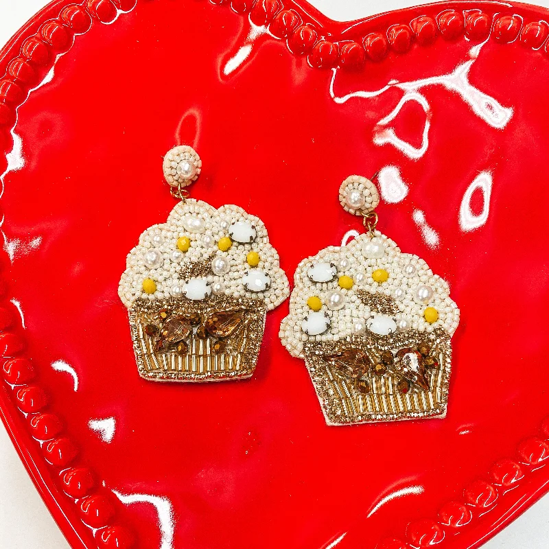 Women’s statement earrings-Sweet Tooth Beaded Cupcake Earrings  with Crystals in Ivory