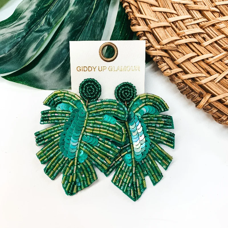 Women’s retro-inspired earrings-Beaded Palm Leaf Statement Earrings in Green