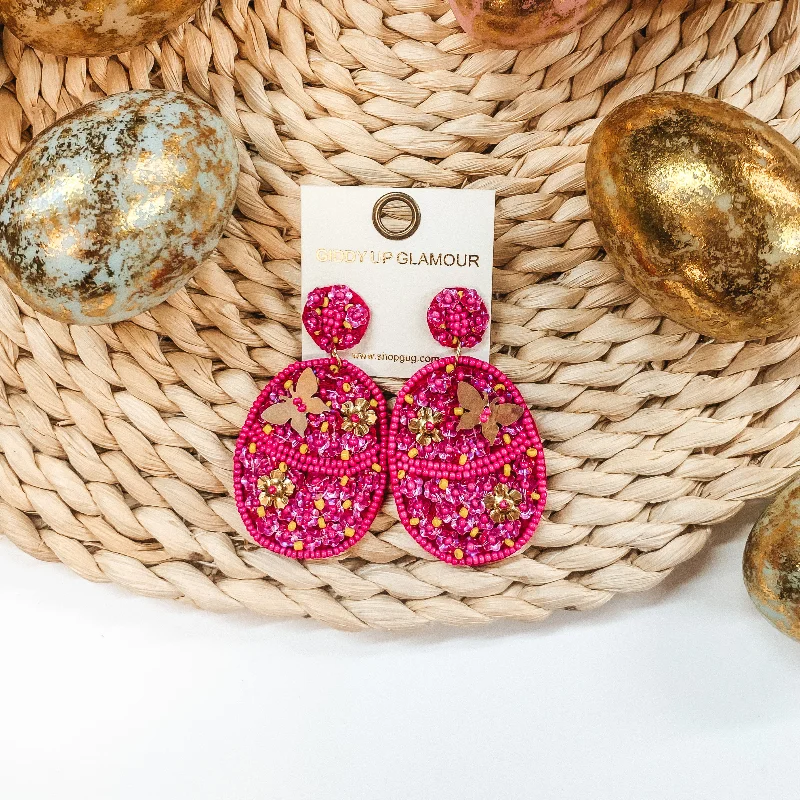 Women’s pearl hoop earrings-Hoppy Easter Sequin Beaded Easter Egg Earrings in Fuchsia