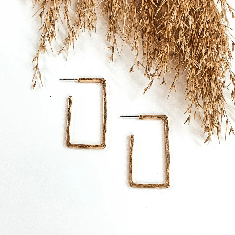 Women’s polished gold earrings-Large Hammered Rectangle Hoops in Gold