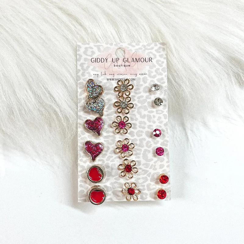 Women’s crystal earrings-Buy 3 for $10 | Set of Nine | Heart and Flower Stud Earrings in Pink and Red Mix