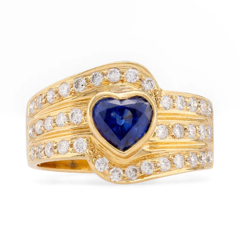 Women’s white gold rings-Women’s bridal set engagement ring-Vintage Heart Shape Sapphire Diamond 18K Yellow Gold Ring