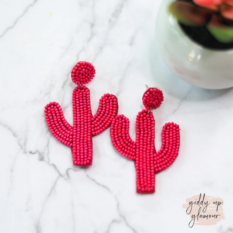 Women’s trendy earrings-Seed Bead Cactus Earrings in Fuchsia