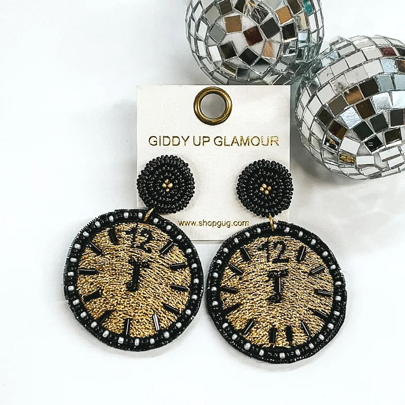 Women’s ear climber earrings-Clock Strikes Midnight Circle Drop Earrings in Black/Gold