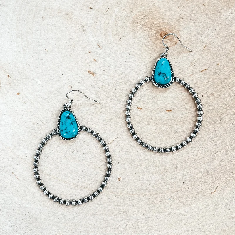 Women’s cubic zirconia earrings-Turquoise Stone Earrings with a Beaded Texture Circle Drop