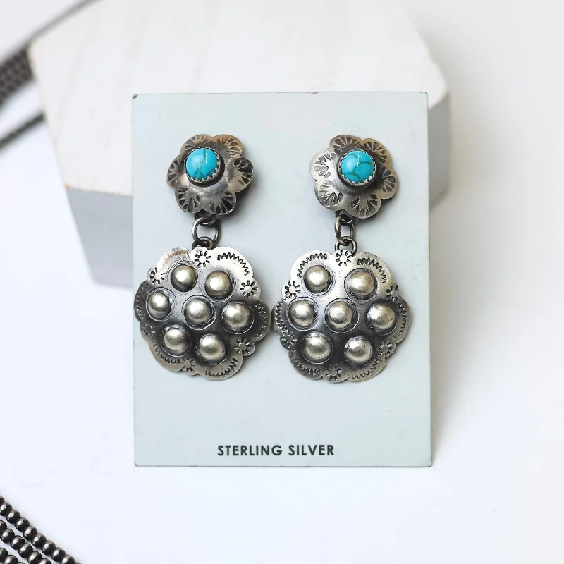 Women’s green emerald earrings-Tim Yazzie | Navajo Handmade Sterling Silver Flower Drop Earrings with Turquoise Studs