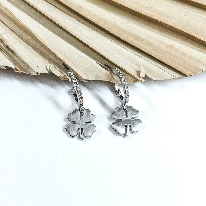 Women’s delicate earrings-Small Crystal Hoop Earrings with Hanging Four Leaf Clover Charm in Silver Tone