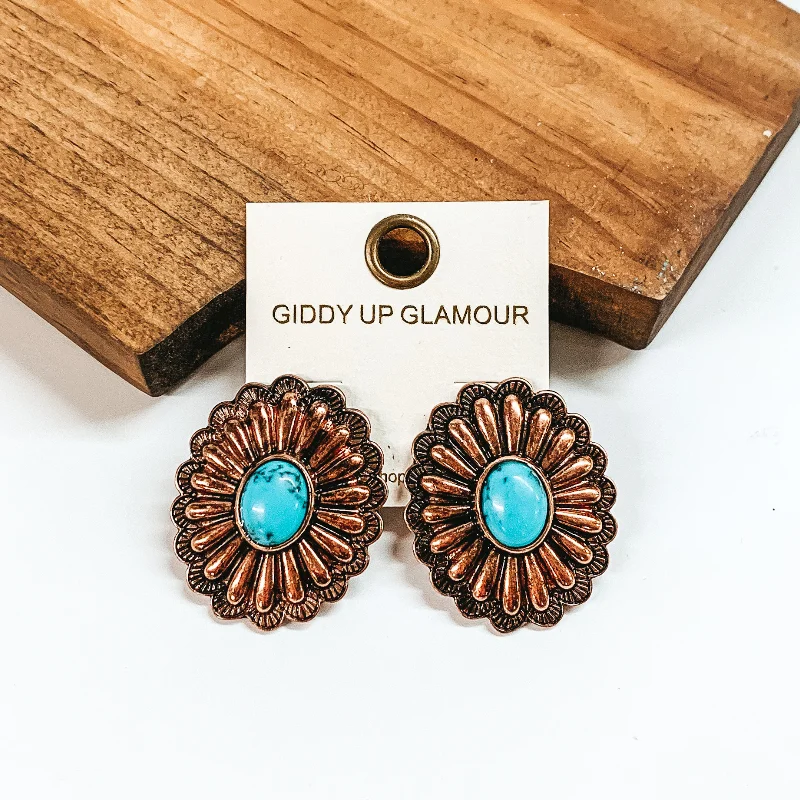 Women’s designer earrings-Copper Tone Concho Earrings with Faux Center Stone in Turquoise