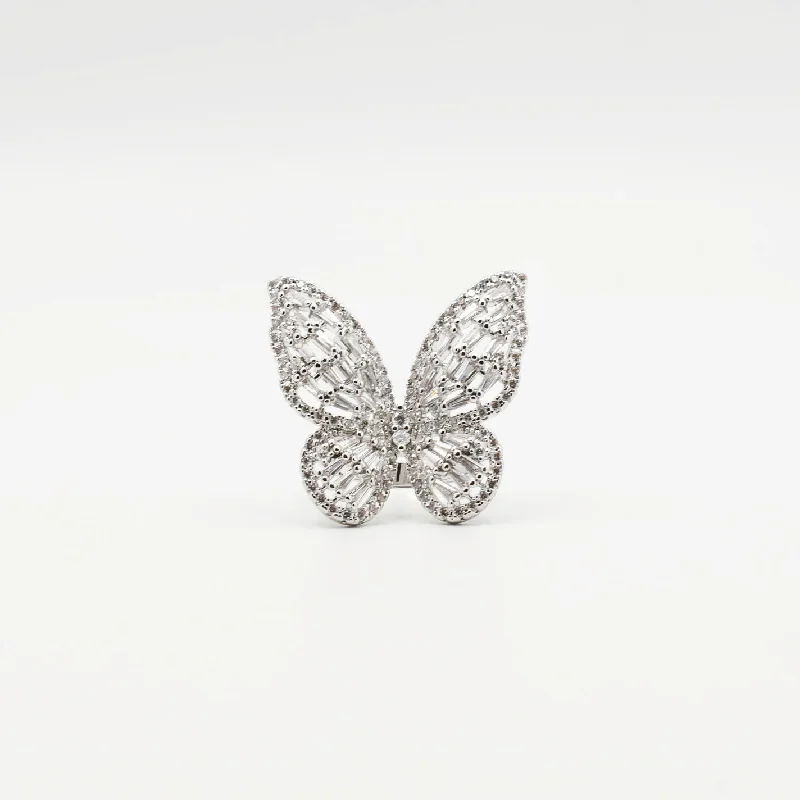 Women’s thick rings-Silver Big Butterfly Crystal Ring