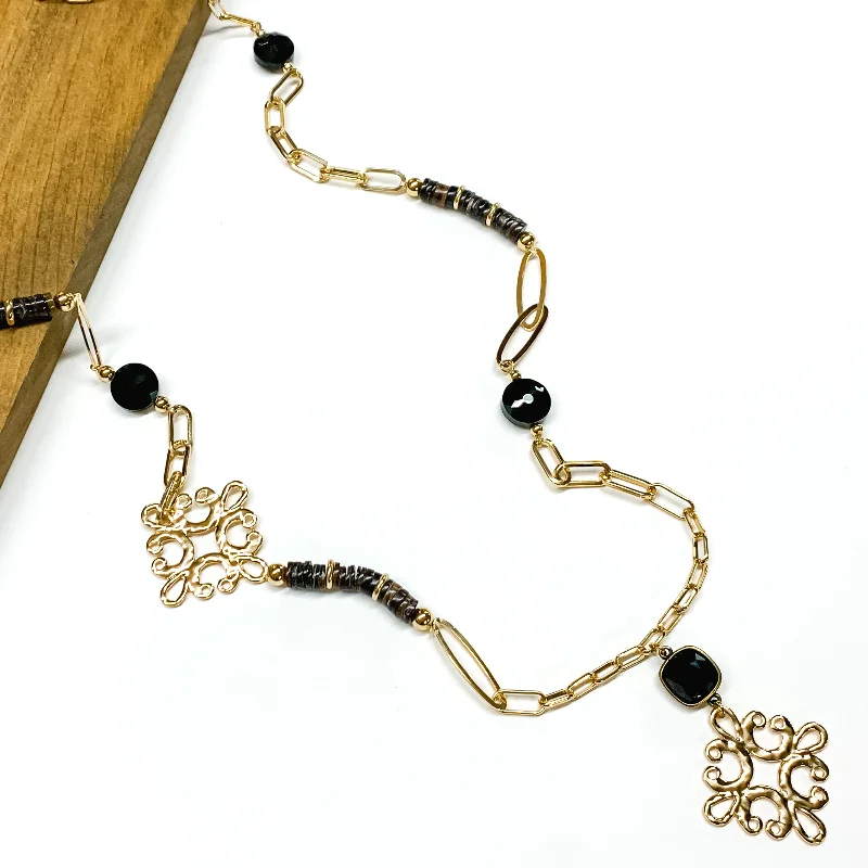 Women’s vintage earrings-Pink Panache | Long Gold Tone Paperclip Chain and Black Beaded Necklace with Black Cushion Cut Crystal and Gold Tone Quatrefoil Drop