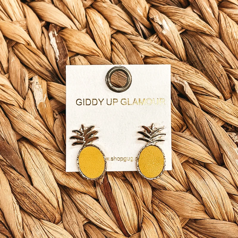 Women’s stainless steel earrings-Coasting Through Gold Pineapple Post Earrings with Faux Leather in Yellow