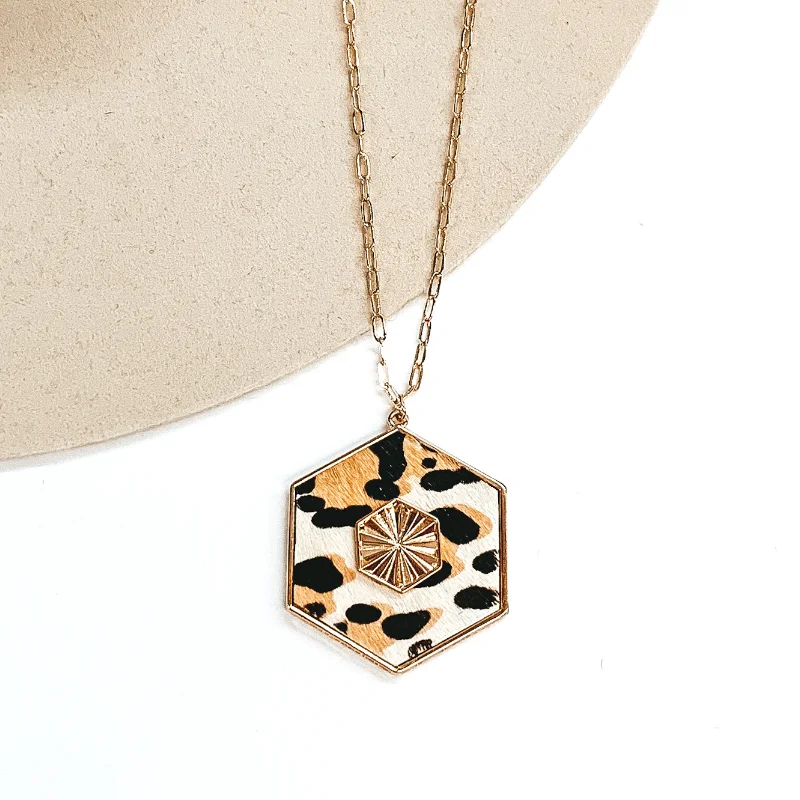 Women’s teardrop earrings-Long Gold Chain Necklace with a Hexagon Pendant in Ivory Leopard Print