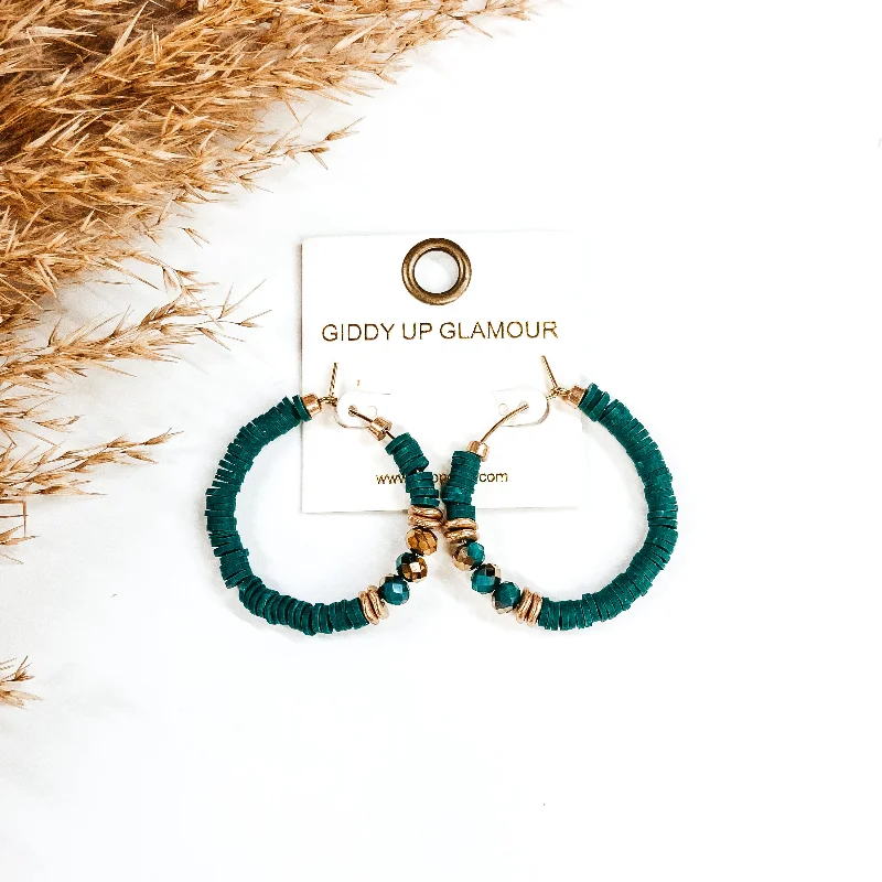 Women’s luxury earrings-Disc Bead Hoop Earrings with Gold and Crystal Accent in Emerald Green