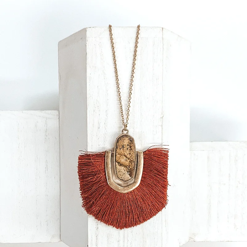 Women’s luxury gold earrings-Long Gold Chain Necklace with a Semi Precious Oval Pendant and Fringe in Rust