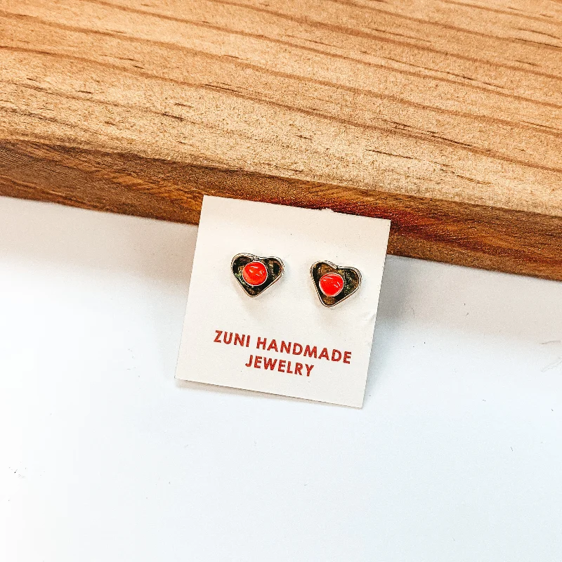 Women’s gemstone earrings-Angie Rosetta | Zuni Handmade Sterling Silver Heart Stud Earrings with Red Coral