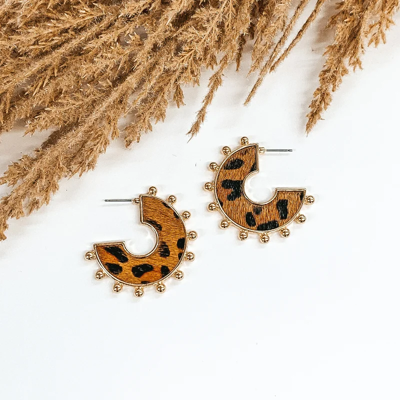 Women’s turquoise earrings-Flat Hoops with a Brown Animal Print