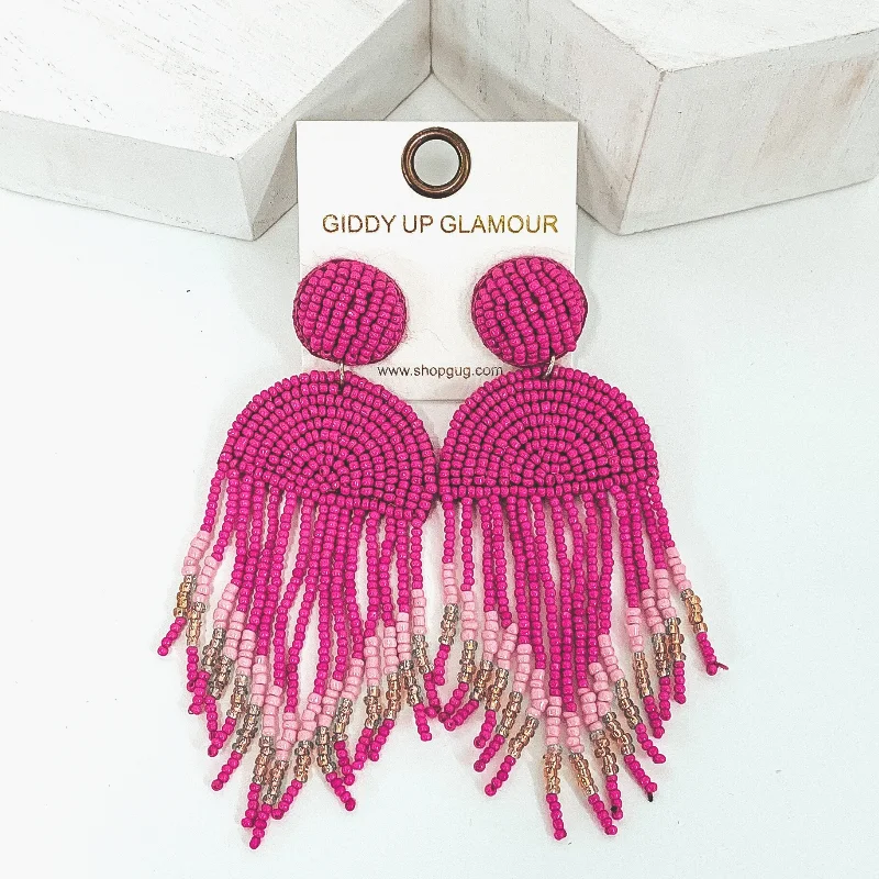 Women’s classic stud earrings-Semi Circle Drop Beaded Earrings with Tassels in Fuchsia