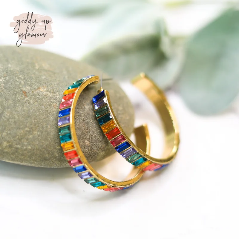 Women’s adjustable earrings-Rainbow Baguette Stone Hoop Earrings