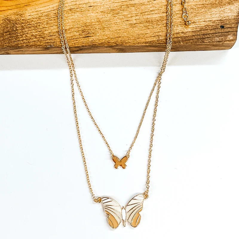 Women’s rose gold earrings-Double Gold Chain Necklace with a Butterfly Pendant in Ivory