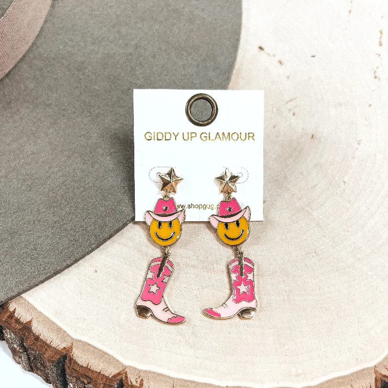 Women’s hypoallergenic earrings-On The Fly Gold Tone Star Post Earrings with Happy Face Cowboy and Boot Pendant Earrings in Pink