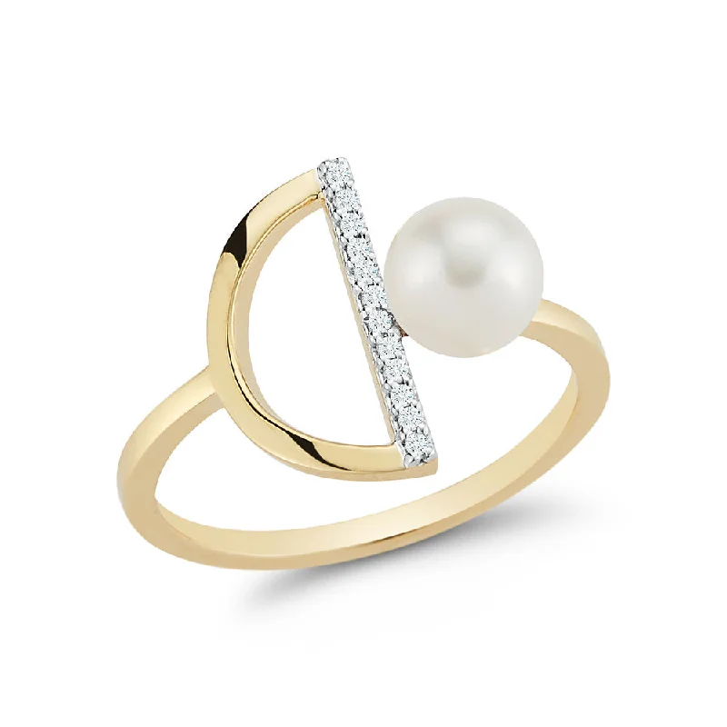 Women’s geometric rings-14K Gold Pearl & Diamond Half Moon Ring