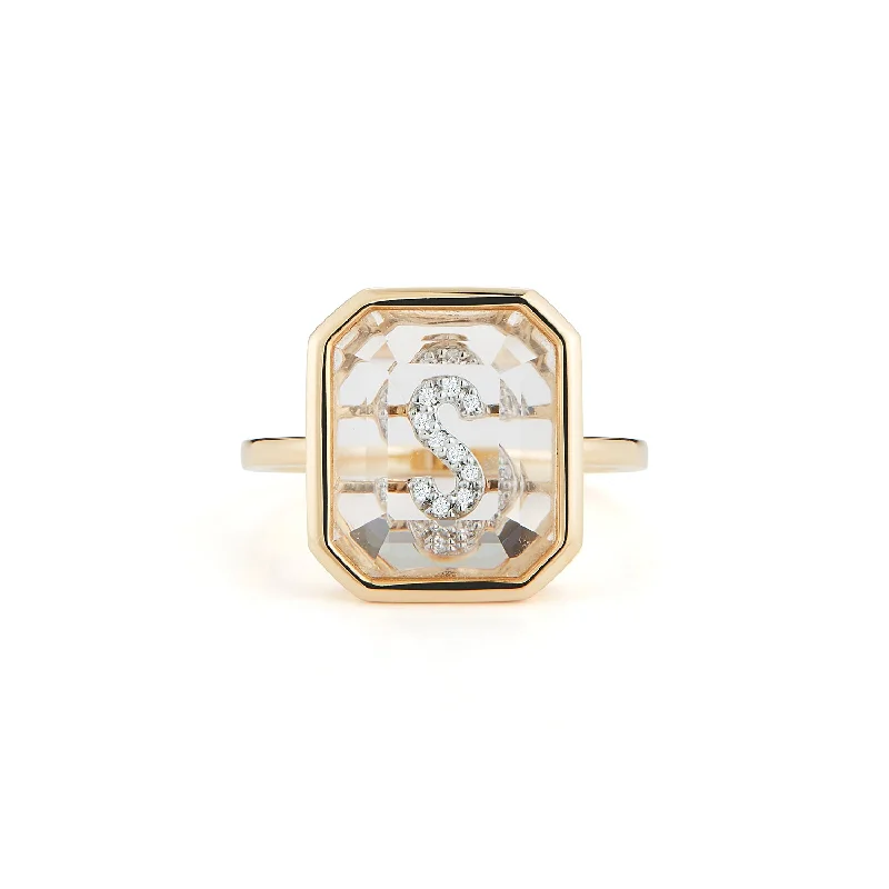 Women’s men’s style rings-14K Gold Frame Crystal Quartz secret diamond initial ring