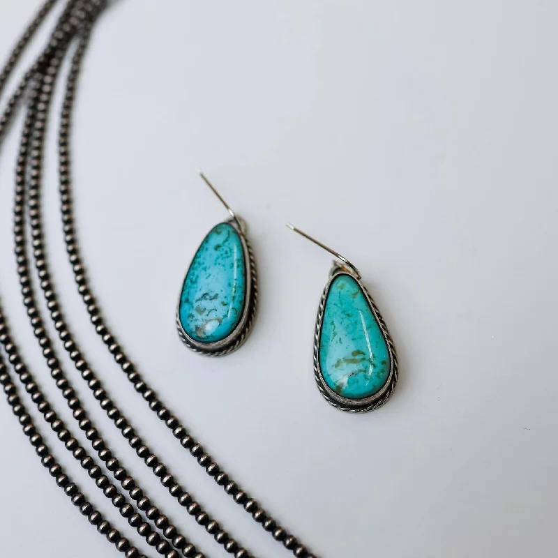 Women’s flower-shaped earrings-Zia | Genuine Navajo Turquoise Stone Dangle Earrings with Sterling Silver Rope Edge