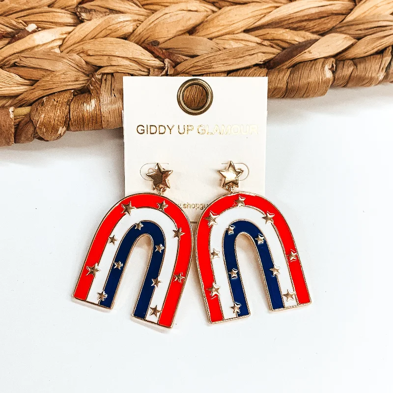 Women’s chandelier earrings-Arch Post Earrings with Gold Stars and Red, White, Blue Stripes