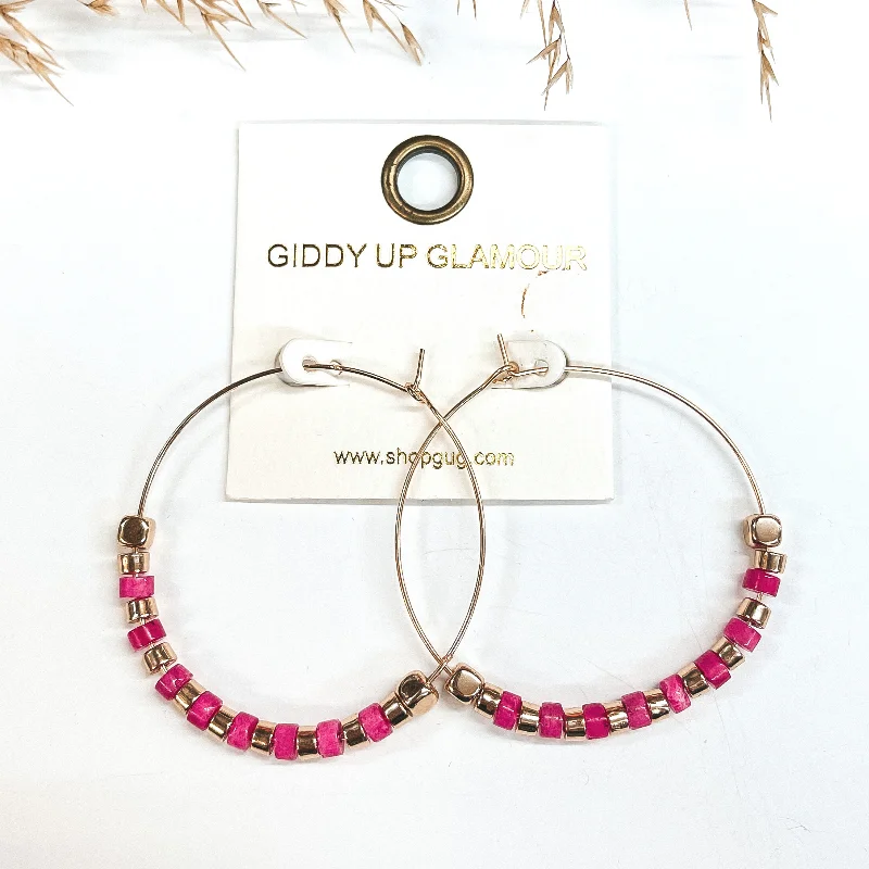 Women’s pearl earrings-Summer Memories Beaded Gold Hoops in Fuchsia Pink