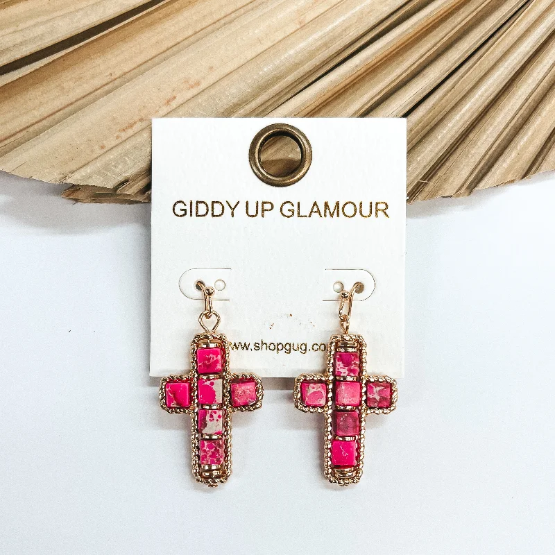 Women’s adjustable earrings-Gold Cross Pendant Earrings with Semi-Precious Stones in Fuchsia Pink