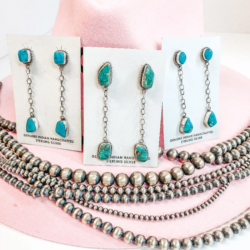 Women’s modern earrings-Tricia Smith | Navajo Handmade Sterling Silver Chain Drop Earrings with Kingman Turquoise Studs