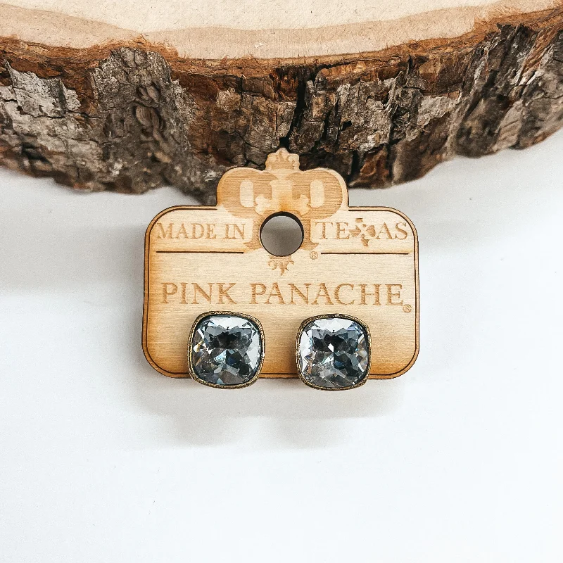 Women’s handmade earrings-Pink Panache | Bronze Stud Earrings with Cushion Cut Crystals in Crystal Ignite