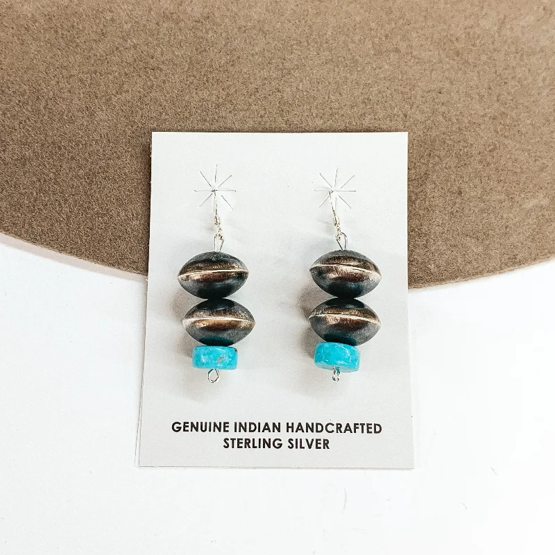 Women’s antique earrings-Navajo | Navajo Handmade Sterling Silver Saucer Navajo Pearl Drop Earrings with Turquoise Stones