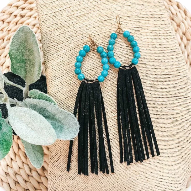 Women’s luxury gold earrings-Turquoise Beaded Hoop Earrings with Black Tassels