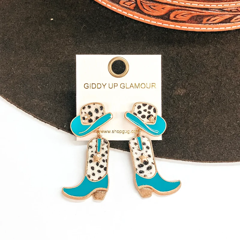 Women’s simple stud earrings-Cowgirl Dreams Hat and Boot Earrings in Turquoise and Faux Hide Dotted Print