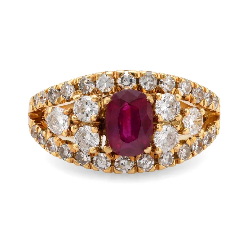 Women’s wedding ring sets-Women’s square engagement ring-Vintage French ruby diamond 18k yellow gold ring