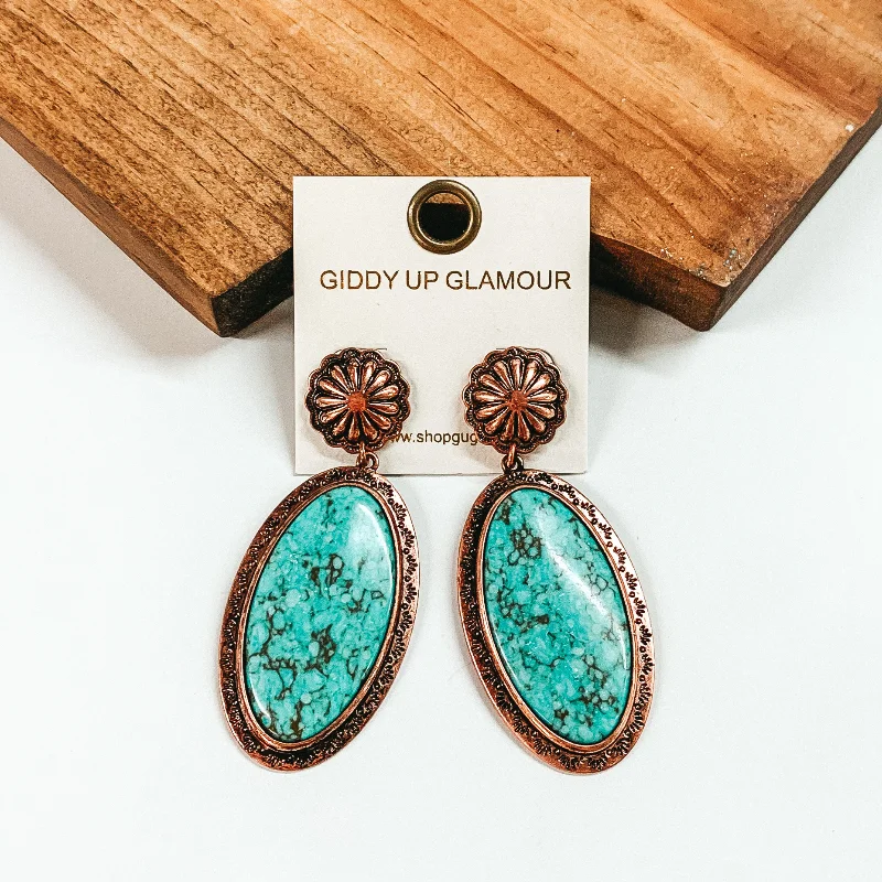 Women’s infinity earrings-Copper Tone Concho Post Earrings with Large Oval Drop in Turquoise