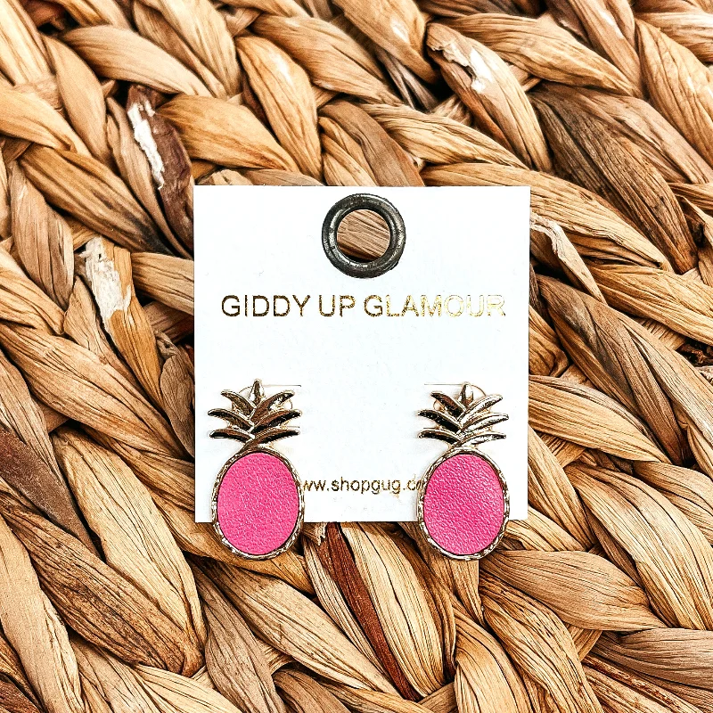 Women’s casual earrings-Coasting Through Gold Pineapple Post Earrings with Faux Leather in Pink